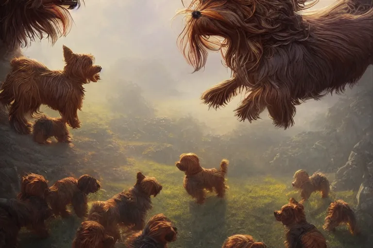 Image similar to an intricate colorful matte painting of a herd of yorkshire terrier puppies hunting a pinata, by Christophe Vacher and Bastien Lecouffe-Deharme, trending on artstation