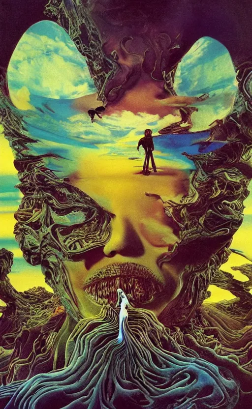 Image similar to ultrawide angle colour masterpiece surreal closeup portrait photography of the beatles by miho hirano and annie leibovitz and michael cheval, weird surreal epic psychedelic complex biomorphic 3 d fractal landscape in background by kilian eng and roger dean and salvador dali and beksinski, 8 k