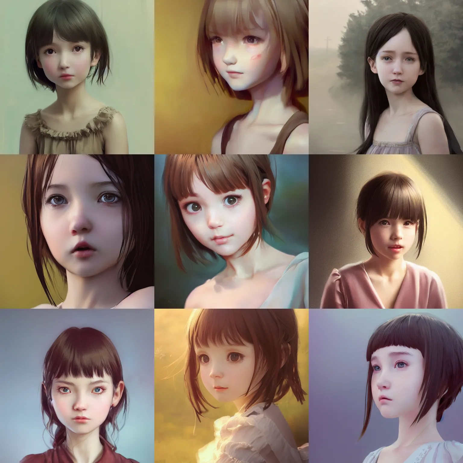 Prompt: realistic style at CGSociety by WLOP,ilya kuvshinov,krenz cushart,Greg Rutkowski,trending on artstation.Zbrush sculpt colored,Octane render in Maya,Houdini VFX.Realistic close-up face,cute young girl,expressing joy,wearing dress,silky hair, deep eyes.Oil painting.Cinematic dramatic atmosphere,sharp focus,soft volumetric studio lighting.