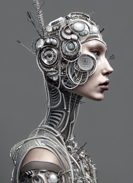 Image similar to portrait of an absurdly beautiful, graceful, sophisticated, fashionable cyberpunk mechanoid, hyperdetailed illustration by irakli nadar and vania zouravliov, matt wisniewski style, intricate linework, white porcelain skin, metal tribal headdress, day - glow face paint, unreal engine 5 highly rendered, global illumination, radiant light, detailed and intricate environment