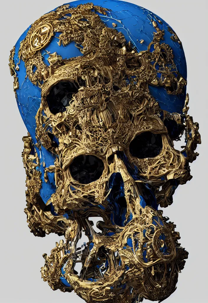 Image similar to portrait of a 3d render ultra detailed skull, art deco, intricate gears details, hyperrealistic, ultra detailed, elegant, octane render, blue and gold, 8k, trending on Artstation, unreal engine