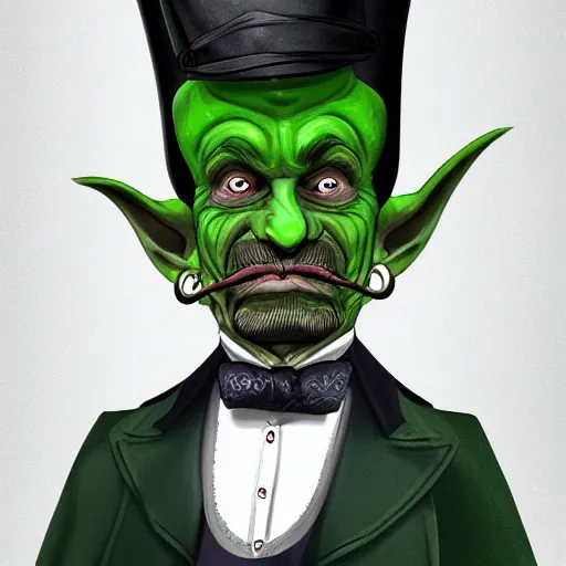 Prompt: a cartoonishly evil goblin, supervillain, top hat and luxurious handlebar moustache, green skin, cartoon style, d & d character portrait, victorian clothing, digital art, 8 k,