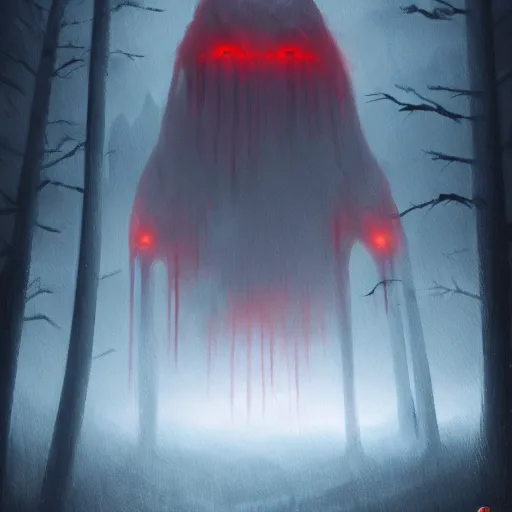 Prompt: Landscape Painting of a mysterious gigantic creature standing in thick red fog, glowing yellow eyes staring through the mist, blood dripping, horror, creepy, unsettling, artstation, cgsociety, masterpiece,