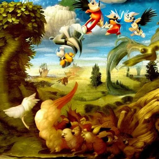 Image similar to renaissance painting sonic the hedgehog going fast through forest with excited birds flying behind, realistic, oil paint, green forest