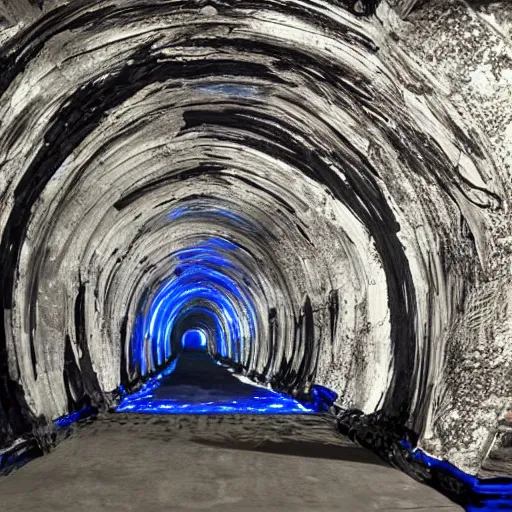 Prompt: a tunnel made of xenomorph bones, dark blue light coming from the end of the tunnel, photorealistic detailed