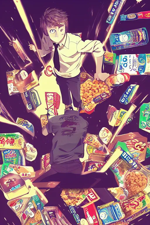 Image similar to manga cover, ryan gosling, cereal boxes background, cereal, emotional lighting, character illustration by tatsuki fujimoto, chainsaw man, fire punch