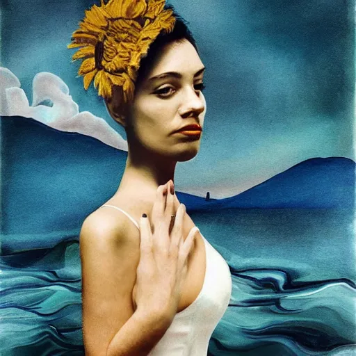 Prompt: the woman watched her tears become the river and her breath become the wind , high quality surrealist art”