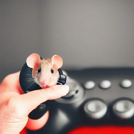 Image similar to tiny mouse wearing headphones, holding controller, gaming