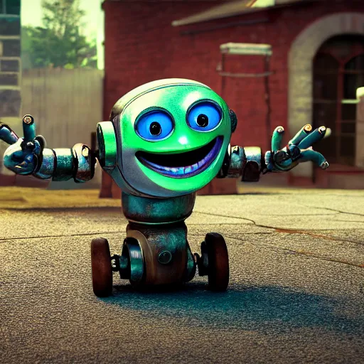 Prompt: figure of rusty bot on 3 wheels, smiling, lightbulbs as eyes, 3 d realistic, pixar esthetics, light tracing, 8 k