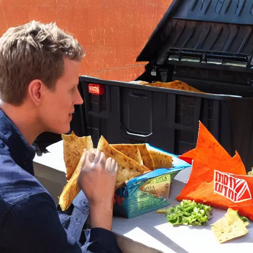 Image similar to geoff keighley eating doritos while dumpster diving