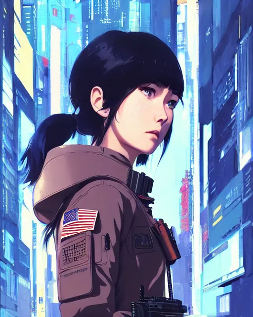 Image similar to girl wearing in tactical gear | | audrey plaza, fine detail!! anime!! realistic shaded lighting!! dramatic!! poster by ilya kuvshinov katsuhiro otomo ghost - in - the - shell, magali villeneuve, artgerm, jeremy lipkin and michael garmash and rob rey