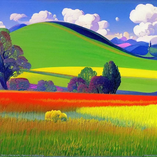 Prompt: Painting of windows xp bliss wallpaper, artwork by isaac levitan and alfred joseph casson and georgy nissky and nikolay dubovskoy