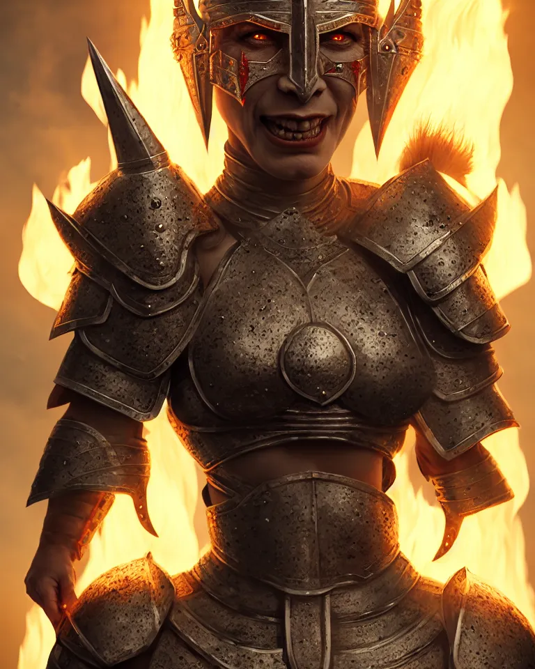 Image similar to epic portrait of female orc in plate armour and crown of fire by cleavanger and elvgren epic awesome gorgeous symmetrical perfect octane vfx maya render realistic