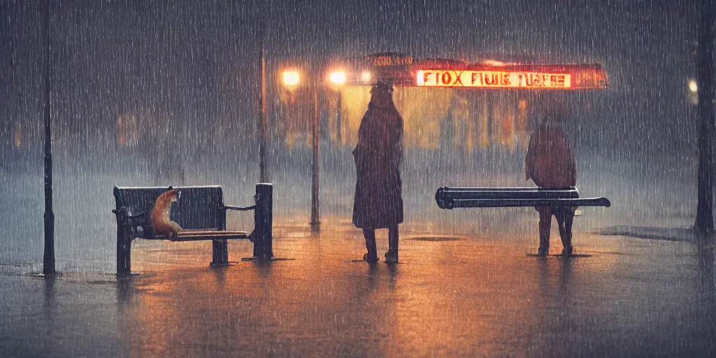 Image similar to a fox in front of a bus stand bench on a rainy night, detailed, 8 k, trending on artstation