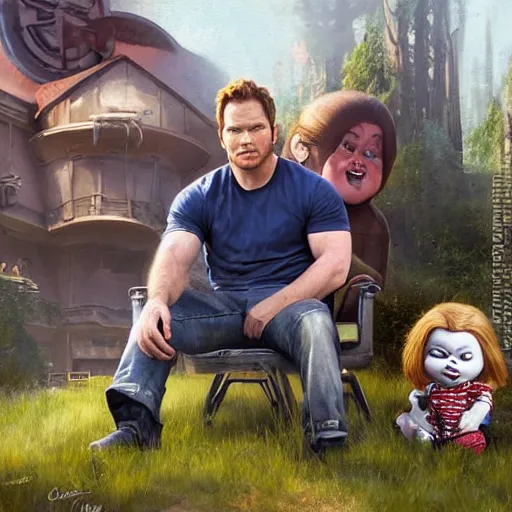 Prompt: the actor chris pratt sitting beside the doll chucky, disney land as backdrop, oil painting, by greg rutkowski