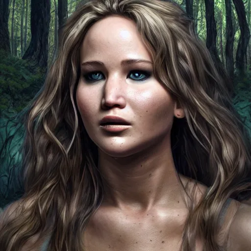 Image similar to a portrait of jennifer lawrence as a troll, ugly, in a dark forest, extremely detailed digital art, trending on artstation hyper realistic matte painting, by artgerm