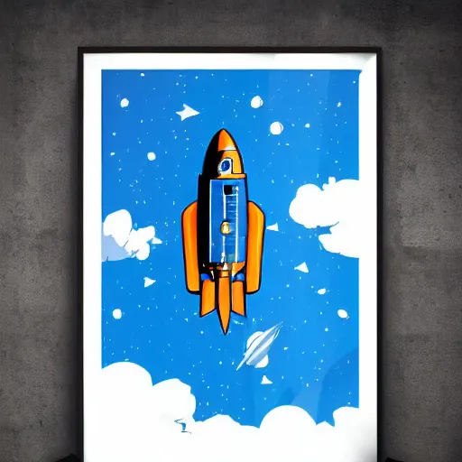 Prompt: blue v2 rocket in space in tin tin style, orange as a planet, intricate sci-fi poster