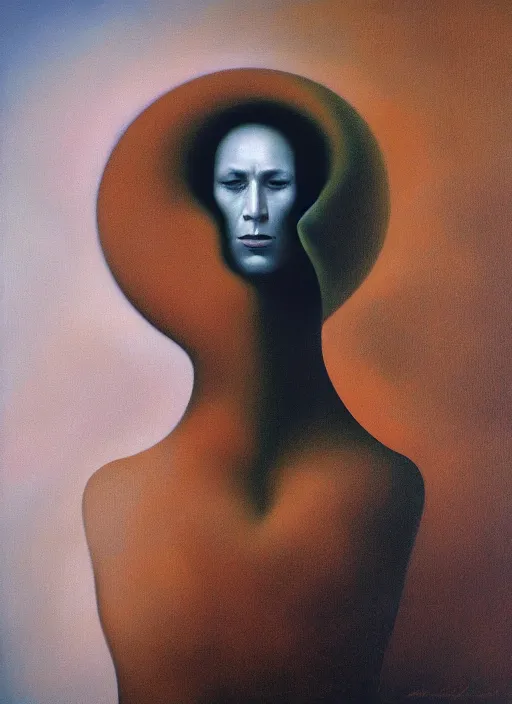 Image similar to dramatic portrait painting of woman with black mandelbrot fractal instead of face, in style of zdzisław beksinski,