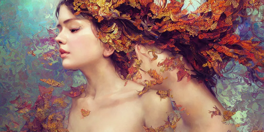 Prompt: a beautiful woman in intricate detailed color oilpaint, 3 d render, hyper realistic detailed portrait, big flocking color leaves, ornate leaves, elegant, intense colors, ruan jia, wlop. scifi, fantasy, hyper detailed, octane render, concept art, by peter mohrbacher, by alphonse mucha, by wlop, by ruan