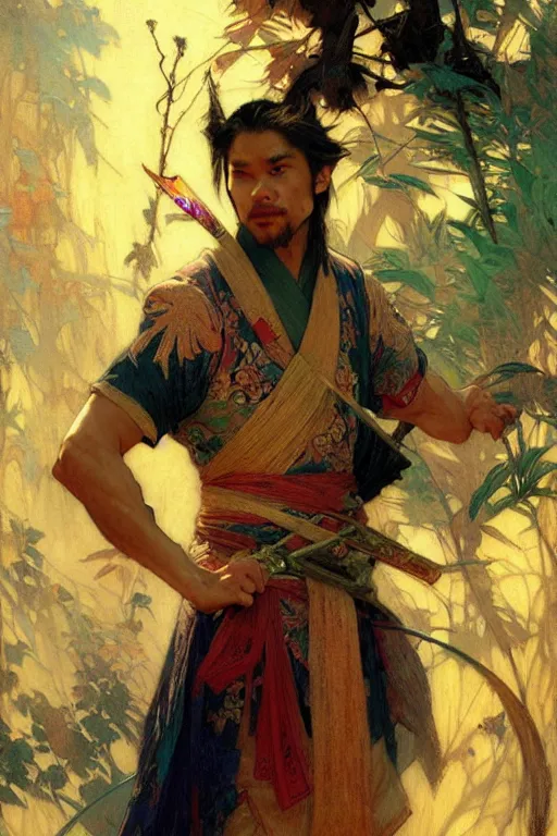 Image similar to attractive man, wuxia, colorful, painting by gaston bussiere, craig mullins, greg rutkowski, alphonse mucha