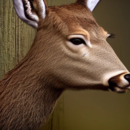 Image similar to hyperrealistic mugshot of a deer, photorealistic, 8k octane render, trending on art station, stunning visuals