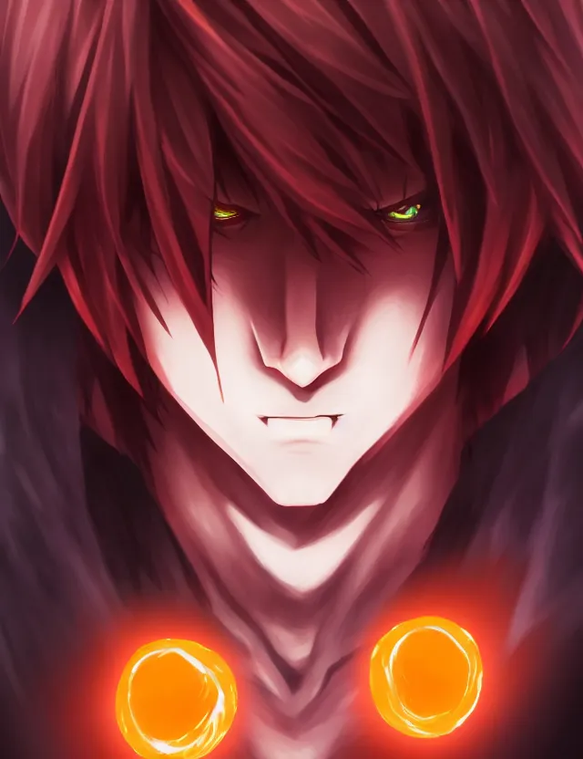 Image similar to a detailed manga portrait of a shadowy dark handsome boy with long crimson hair and glowing orange eyes and fangs, trending on artstation, digital art, 4 k resolution, detailed, high quality, sharp focus, hq artwork, coherent, insane detail, character portrait