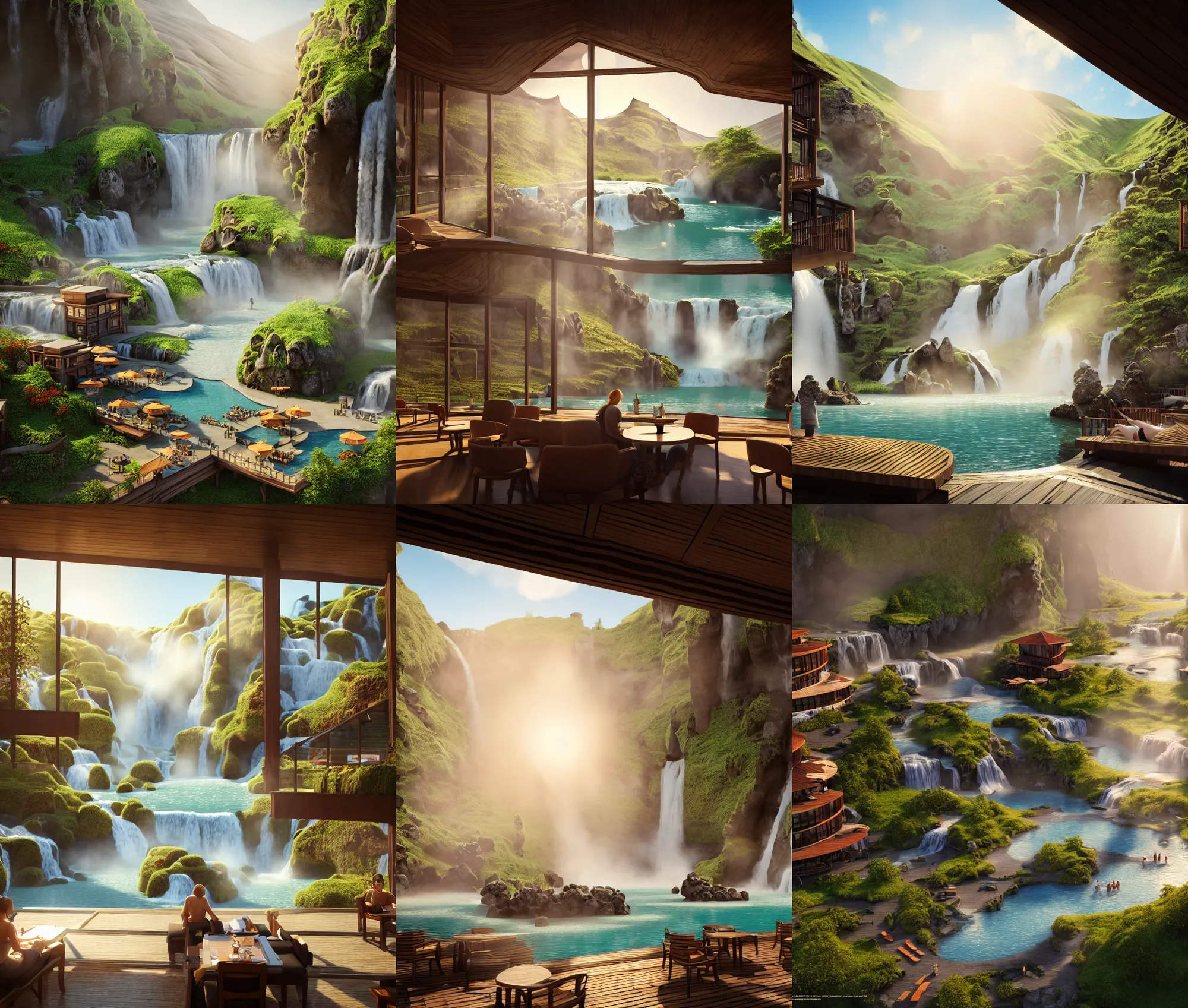 Prompt: establishing wide shot inside resort hotel, beside the combination of iceland hot springs and yangtze river waterfalls, movie still, sunny morning light, soft sunbeam, travel ad, detailed concept art, artstation, realistic, fine details, 4 k, unreal engine, hyperrealism, detailed textures