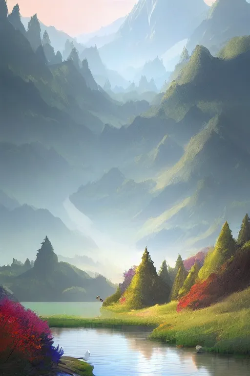 Prompt: beautiful matte painting by goro fujita concept art fantasy path mountains and meadow in the background near a lake reflecting the trees, atmospheric lighting, painted, intricate, volumetric lighting, beautiful, rich deep colors masterpiece, sharp focus, ultra detailed by