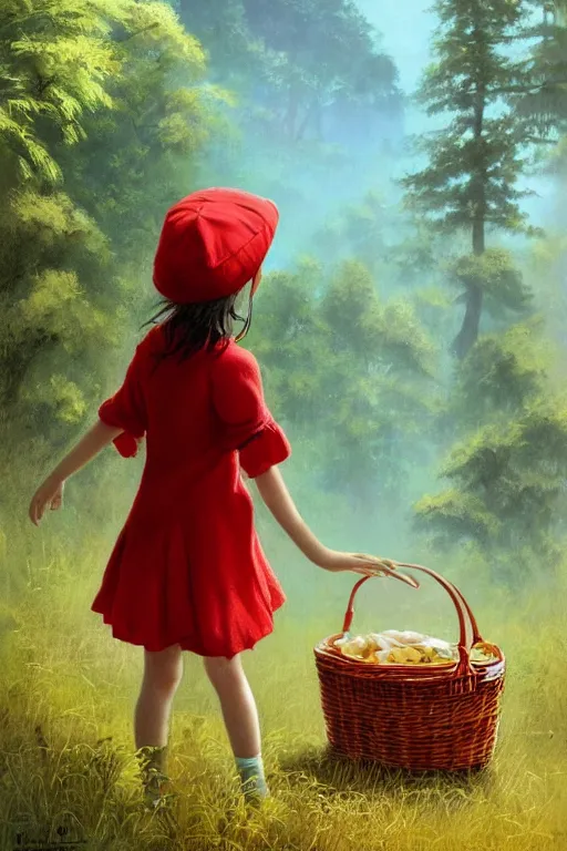 Prompt: a little girl in red hat with a picnic basket ,forest,long-shot, by Bruce Pennington and Ross Tran trending on artstation, trending on deviantart