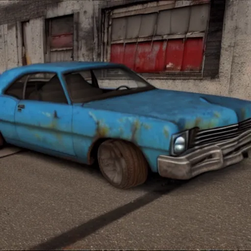 Image similar to A screenshot of a rusty, worn out, broken down, decrepit, run down, dingy, faded, chipped paint, tattered, beater 1976 Denim Blue Dodge Aspen in FlatOut 2
