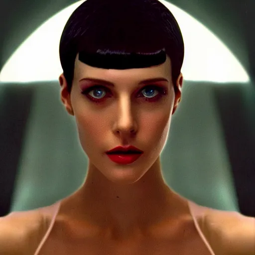 Prompt: portrait of a stunningly beautiful futuristic female replicant from blade runner, depth of field, zeiss lens, detailed, symmetrical, centered, fashion photoshoot, by Annie Leibovitz and Steve McCurry, David Lazar, Jimmy Nelsson, Breathtaking, 8k resolution, extremely detailed, beautiful, establishing shot, artistic, hyperrealistic, beautiful face, octane render