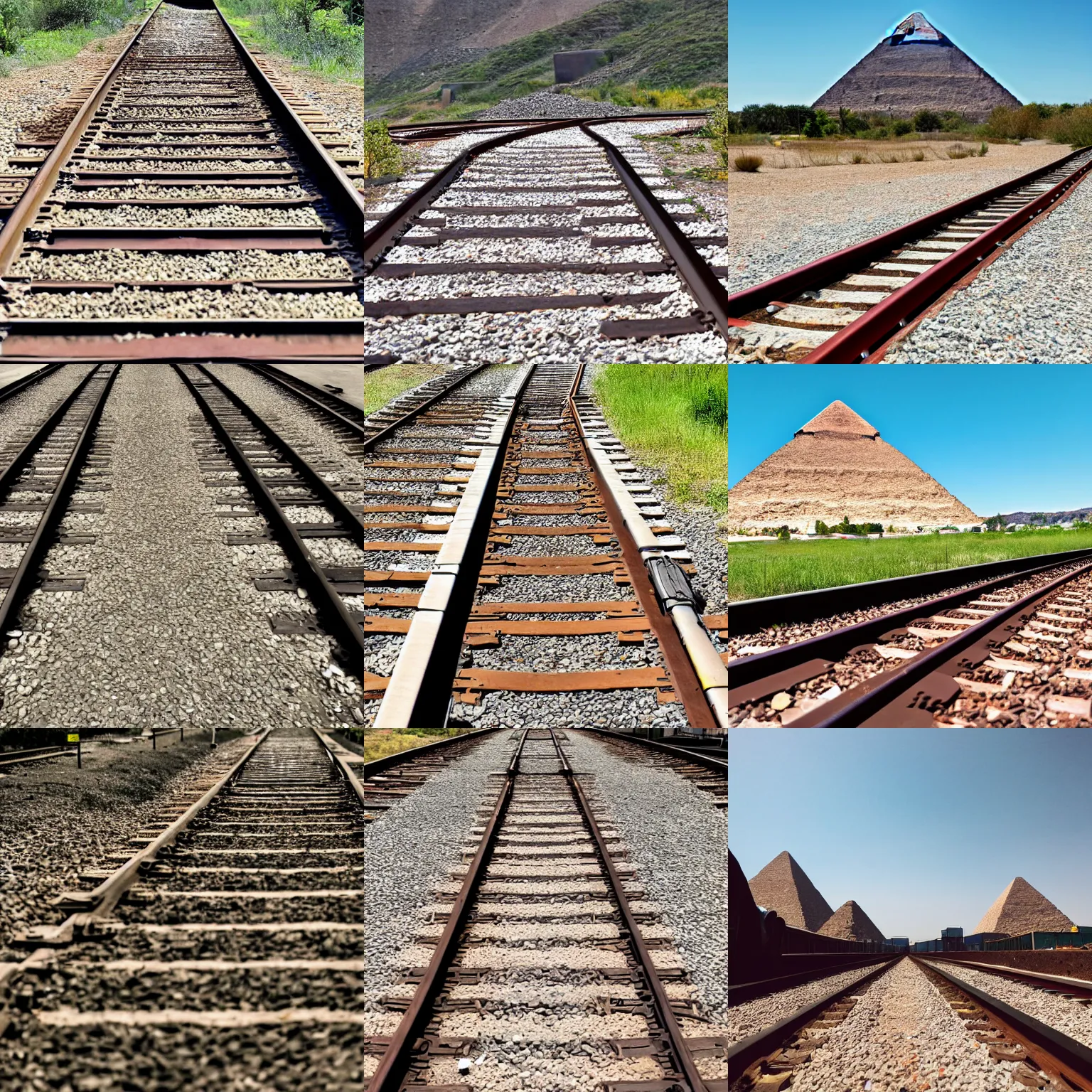 Prompt: the train tracks are lined up in front of the pyramid