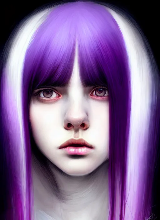 Image similar to hair whitebangs hair, black hair, whitebangs, portrait of teenage girl with white bangs, red irises, purple clothes, white bangs, bangs are different color from hair, intricate, elegant, glowing lights, highly detailed, digital painting, artstation, concept art, smooth, sharp focus, illustration, art by wlop, mars ravelo and greg rutkowski