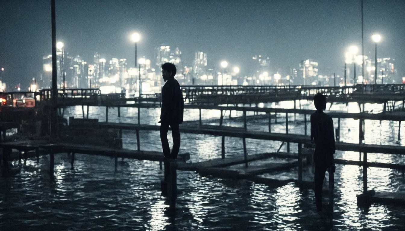 Image similar to 80s asian neon movie still with a lone man levitating over a pier by the river at night with city lights behind his back. Fallen angels movie still. hyperrealistic, photorealistic, high definition, medium format photography, highly detailed, tehnicolor, anamorphic 50mm lens