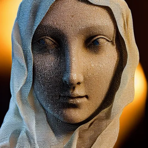 Prompt: a masterpiece marble sculpture of the veiled virgin, subsurface cracks, !dramatic !face, !female, covered in intricate !detailed golden !!streaked veil , physically based rendering, ultra photo realistic, cinematic lighting , dark background by Dan Hillier