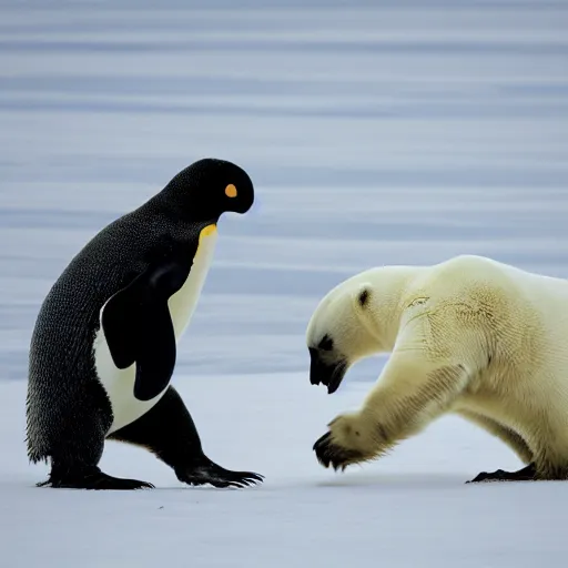 Image similar to a penguin fighting a polar bear