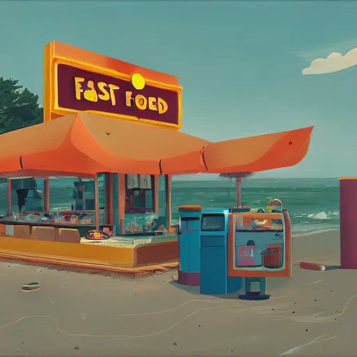 Image similar to fast food counter by the beach by simon stalenhag