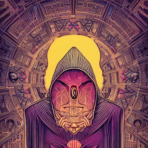 Prompt: hooded figure playing on a chessboard of the mind, symmetry, by josan gonzales , digital art, highly detailed, split complementary colors