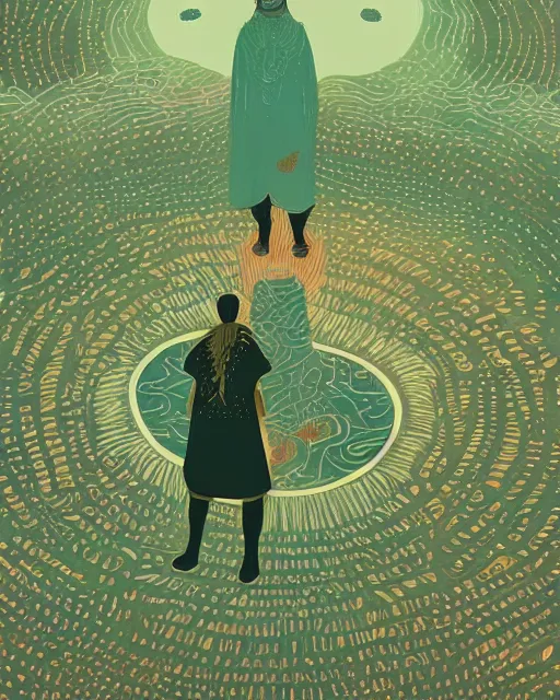 Image similar to a druid standing in a circle at the beginning of the world by Victo Ngai