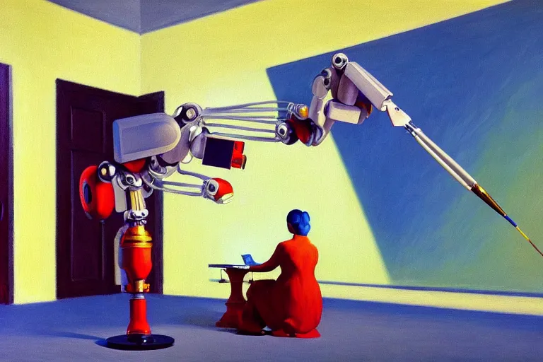 Image similar to beautiful illustration of a robot artist painting an artwork on a canvas with a paintbrush by Edward Hopper, colorful octane render