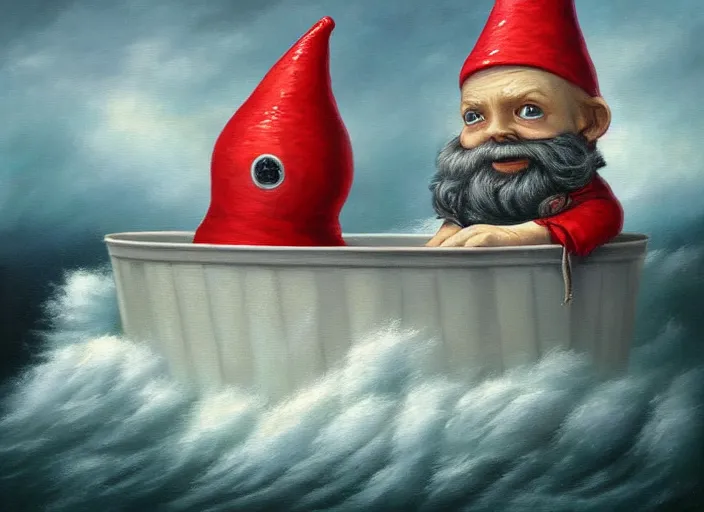 Image similar to a terrified garden gnome sailing in a bucket, background of raging ocean on a stormy with dramatic clouds, an ultrafine detailed painting by mark ryden, trending on deviantart, pop surrealism, whimsical, lowbrow, danger, perfect symmetrical face