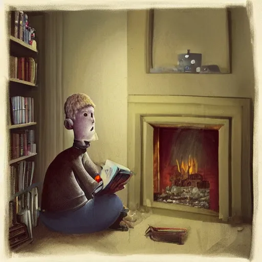 Image similar to “a lonely robot reads a book near a fireplace in a Victorian home., IMAX 70mm footage”