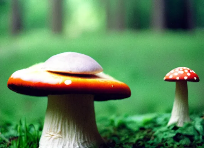 Image similar to a cute creature sitting next to a mushroom, cinestill 8 0 0 t 3 5 mm, high quality, heavy grain, high detail, panoramic, ultra wide lens, cinematic light, dramatic light, anamorphic