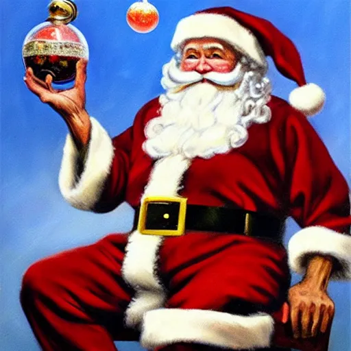 Image similar to an ultra - realistic oil painting of santa claus holding a snowglobe in the style of frank frazetta. 4 k. ultra - realistic. highly detailed. dark fantasy. epic lighting.