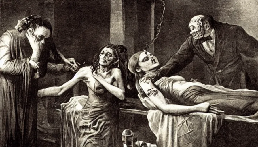 Image similar to a mad doctor does a blood transfusion on a female frankenstein.