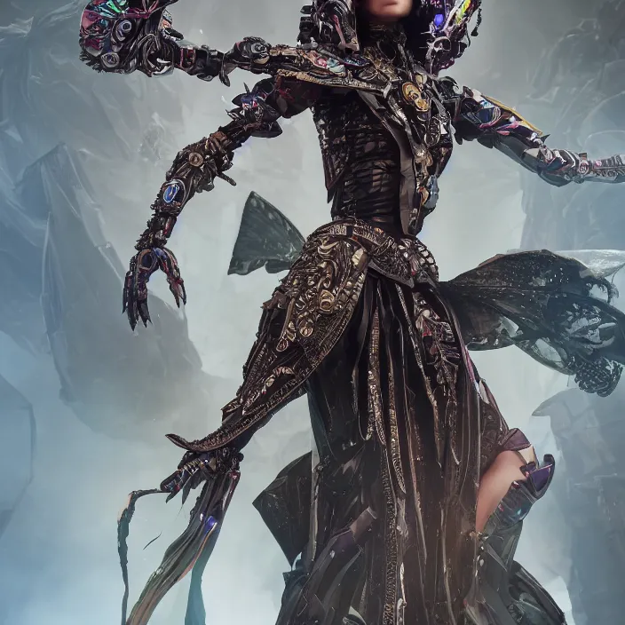 Image similar to mystical evil android queen with obsidian eyes, wearing an elaborate helmet, fashion shoot, octane render, 8 k, unreal engine, by todd mcfarlane and artgerm and greg rutkowski and alphonse mucha