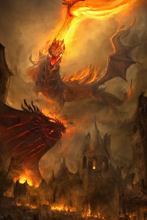 Image similar to a medieval village being attacked by a giant fire dragon, digital art, high quality, 4k HDR, concept art, trending on DeviantArt, highly detailed, tarot card, fantasy style, dramatic lighting, cinematic, path tracing