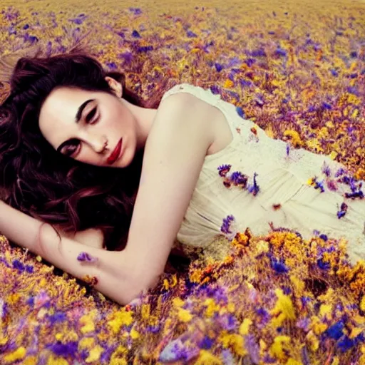 Image similar to fine art photo of the beauty gal gadot, she is lying down and covered by dried flowers, taken by oleg oprisco