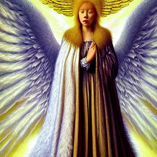 Image similar to highdetailed hyperrealistic painting of white angel!!! no gender!!!, giant ball of miracle light from the chest!!!!!, white sparkles everywhere, 4 k hd fur face!!!, big wings, by jan van eyck, holography space, glow effect, large strokes, white monochrome color!!!!!