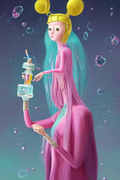 Prompt: highly detailed, profile portrait of beautiful cute adult princess bubblegum from adventure time, experimenting in her science lab, wearing lab coat, bubblegum hair with long bangs, single thin ring tiara with a sapphire gem, depth of field, illustration, concept art by nicoletta ceccoli, mark ryden, lostfish, detailed and intricate environment, 8 k resolution, hyperrealistic, octane render